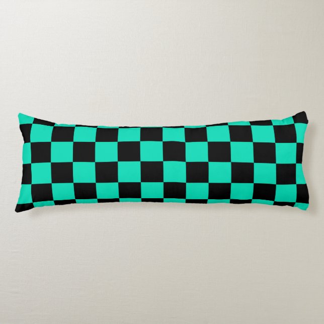 Green Black Chequered Check Pattern Body Pillow (Front)