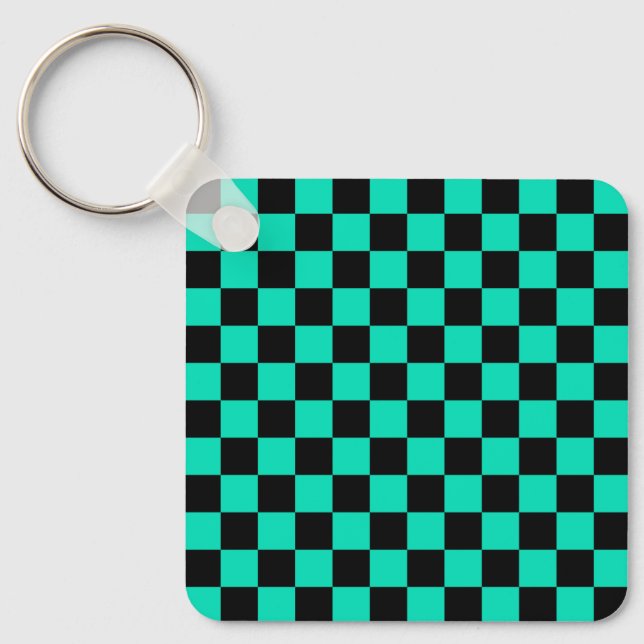 Green Black Chequered Check Pattern Keychain (Front)