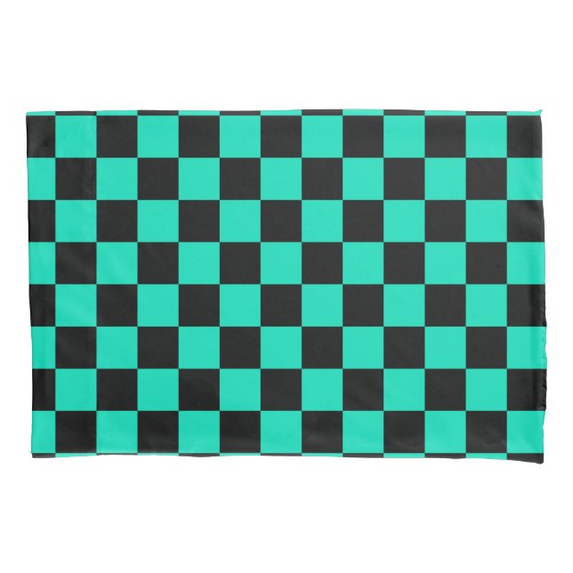 Green Black Chequered Check Pattern Pillowcase (Front)