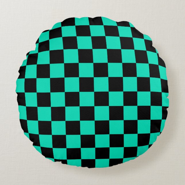 Green Black Chequered Check Pattern Round Pillow (Front)