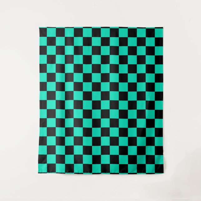 Green Black Chequered Check Pattern Tapestry (Front)