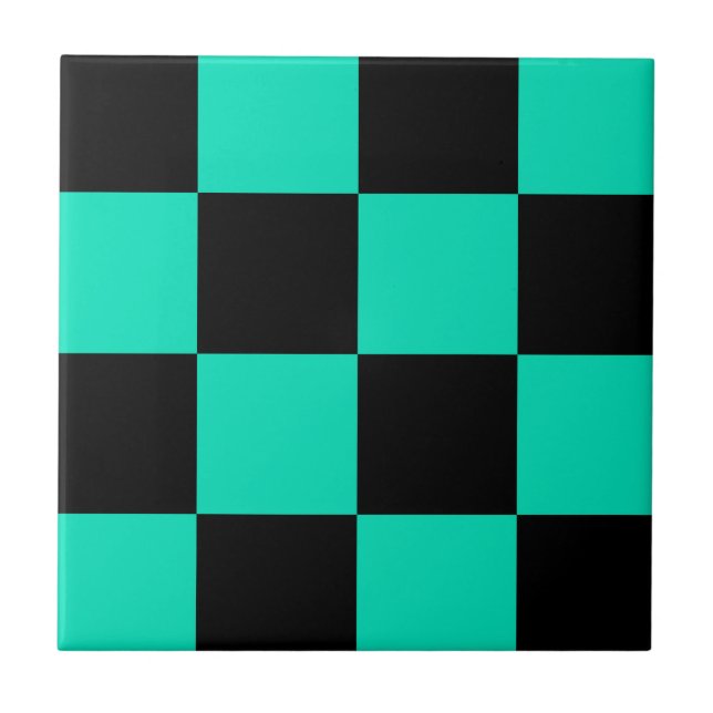 Green Black Chequered Check Pattern Tile (Front)