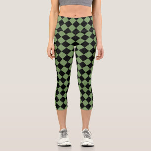 Green Black Chequered Diamond Pattern  Capri Leggings
