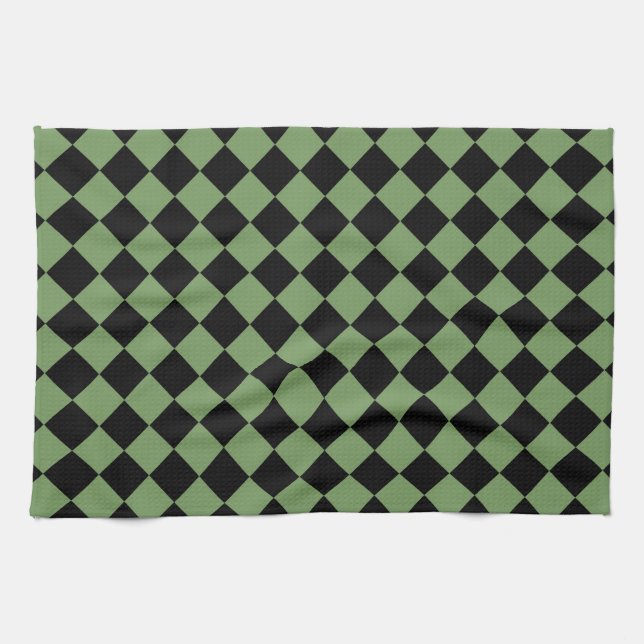 Green Black Chequered Diamond Pattern  Kitchen Towel (Horizontal)