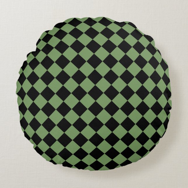 Green Black Chequered Diamond Pattern  Round Pillow (Front)