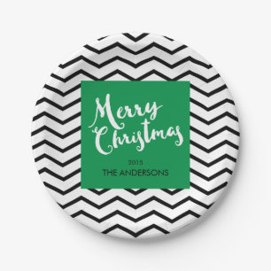 Green, Black Chevron, Merry Christmas Personalized Paper Plate