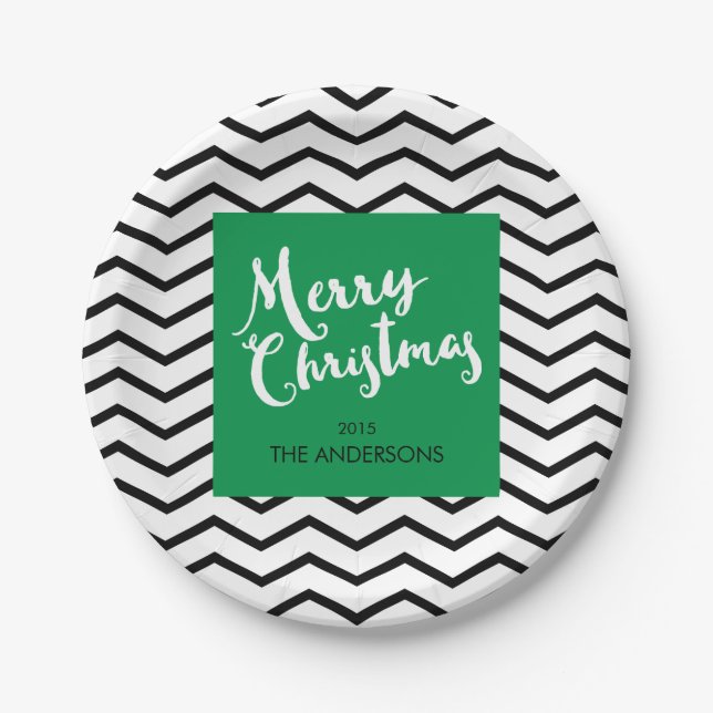 Green, Black Chevron, Merry Christmas Personalized Paper Plate (Front)