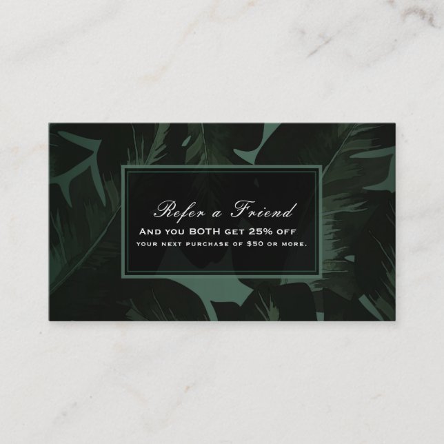 Green & Black Chic Tropical Leaves Refer a Friend Referral Card (Front)
