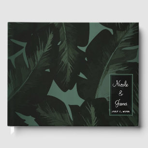 Green & Black Chic Tropical Leaves Wedding Guest Book