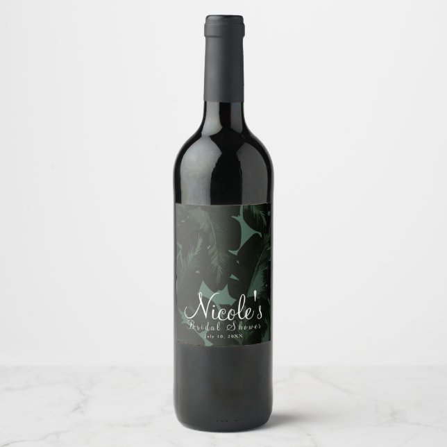 Green & Black Chic Tropical Leaves Wedding Wine Wine Label (Front)