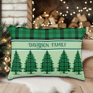 Green Black Cozy Tartan Pine Trees Accent Pillow