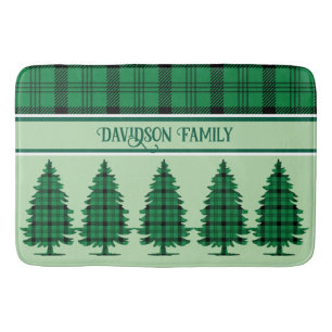 Green Black Cozy Tartan Pine Trees Bath Mat