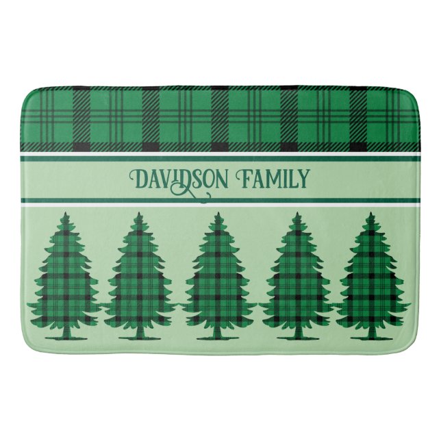 Green Black Cozy Tartan Pine Trees Bath Mat (Front)