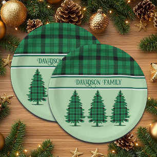 Green Black Cozy Tartan Pine Trees Paper Plate