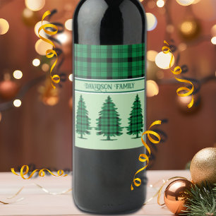 Green Black Cozy Tartan Pine Trees Wine Label