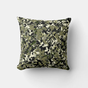 Green Black Cream Camouflage Pattern Print Throw Pillow
