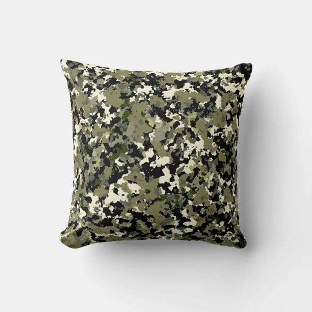 Green Black Cream Camouflage Pattern Print Throw Pillow (Front)