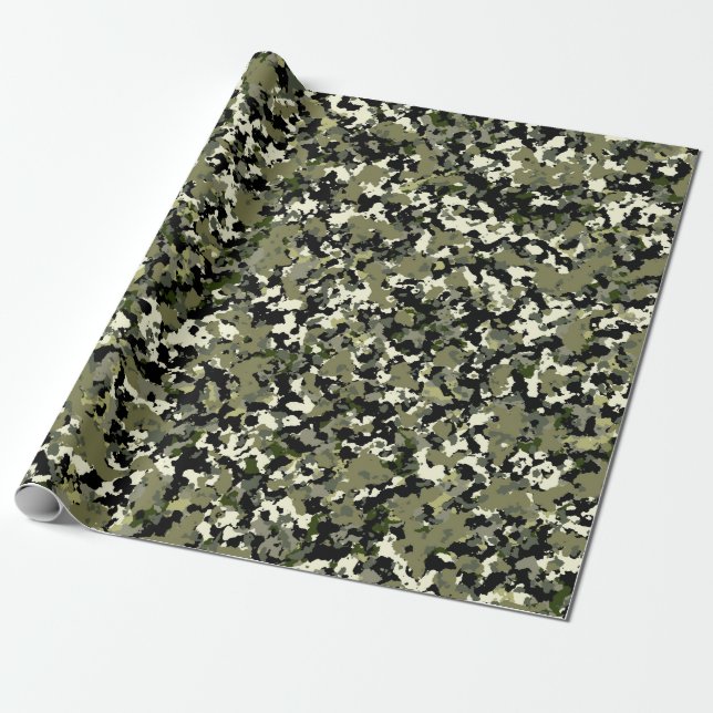 Green Black Cream Camouflage Pattern Print Wrapping Paper (Unrolled)