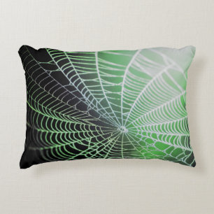 Green Black Creepy Spooky Spider Web Accent Pillow