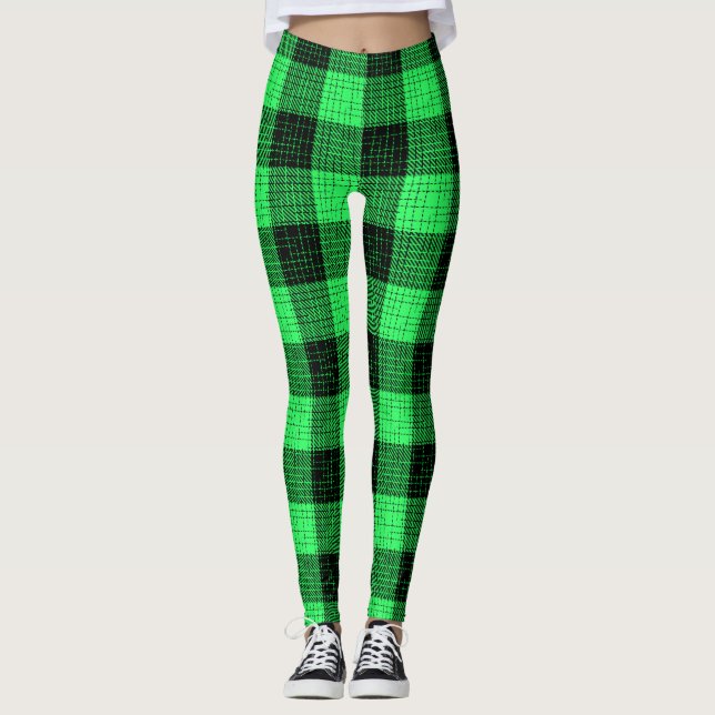  Green Black Crosshatch Buffalo Check Leggings (Front)