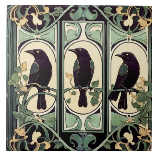 Green Black Crow Birds Art Nouveau Art Deco Bird Tile (Front)