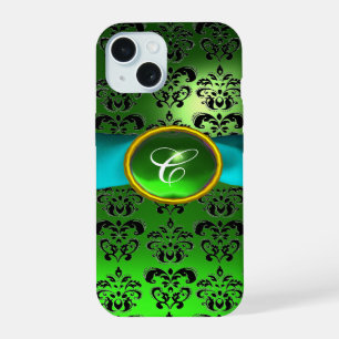 GREEN BLACK DAMASK GEM MONOGRAM Aqua Blue Ribbon iPhone 15 Case