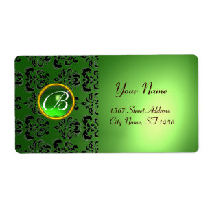 GREEN BLACK DAMASK MONOGRAM,emerald