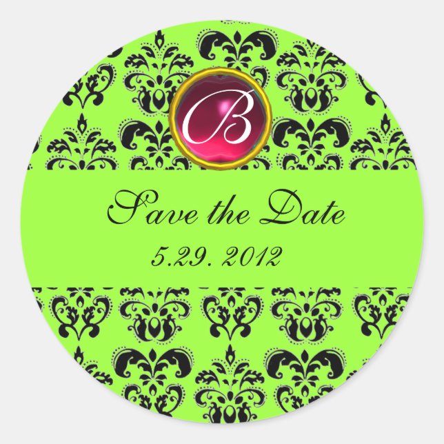 GREEN BLACK DAMASK MONOGRAM ,red ruby Classic Round Sticker (Front)