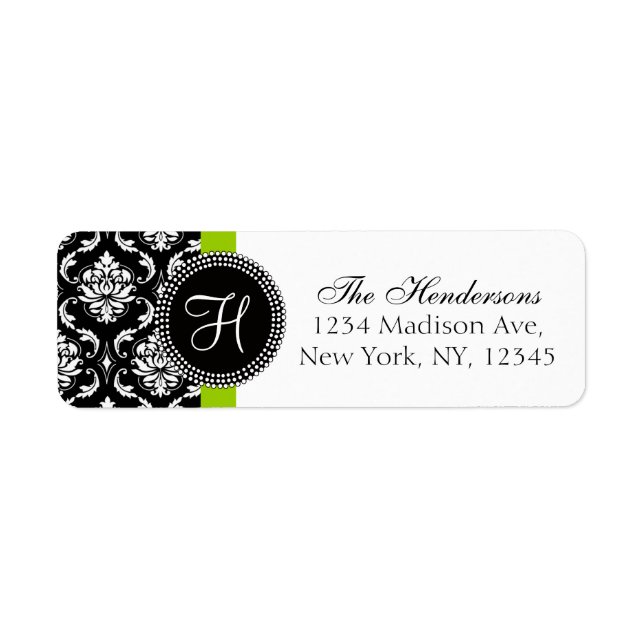 Green Black Damask Monogram Wedding Address Label (Front)