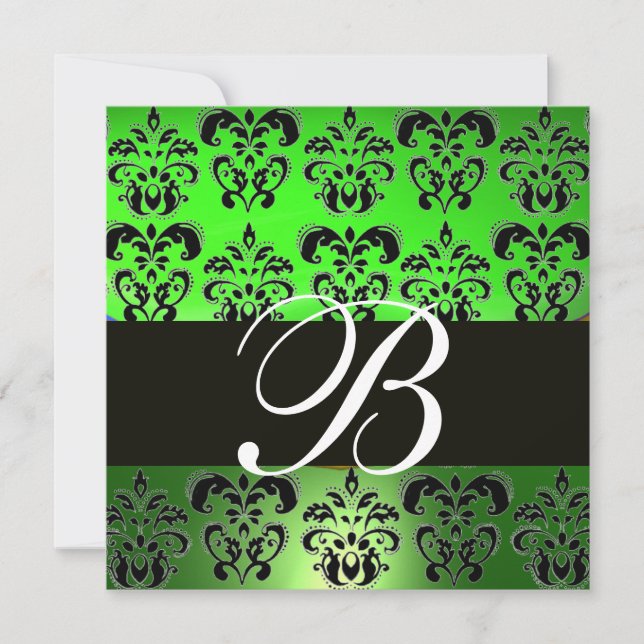 GREEN BLACK  DAMASK MONOGRAM , white Invitation (Front)