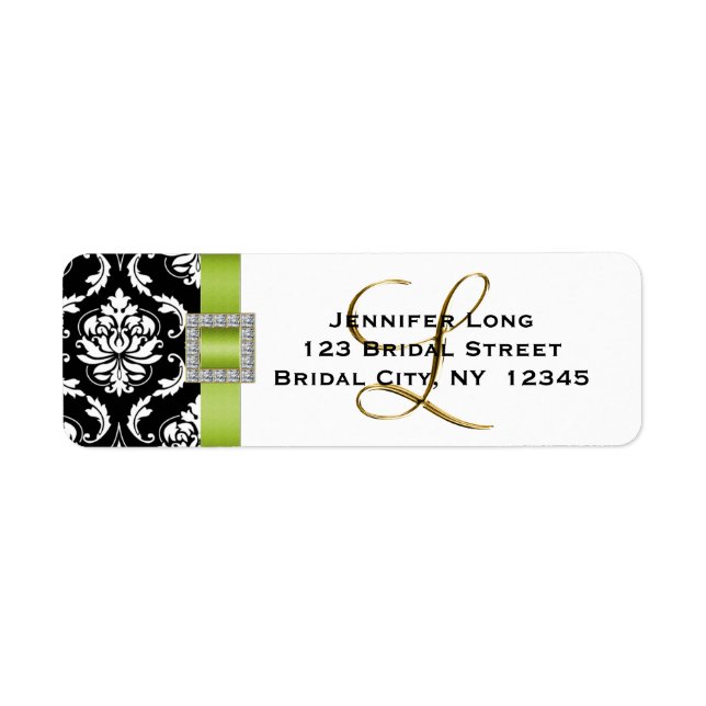 Green Black Damask Wedding RSVP Address Label (Front)
