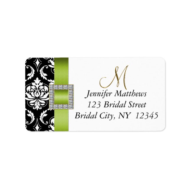 Green Black Damask Wedding RSVP Address Label (Front)