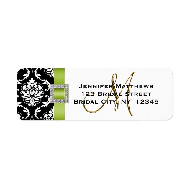 Green Black Damask Wedding RSVP Address Label (Front)