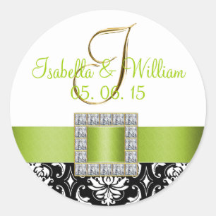 Green Black Damask Wedding Sticker Initial