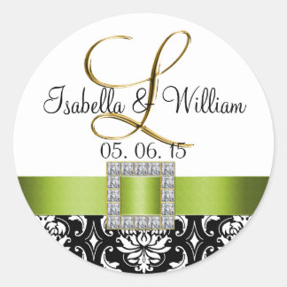 Green Black Damask Wedding Sticker | Initial L