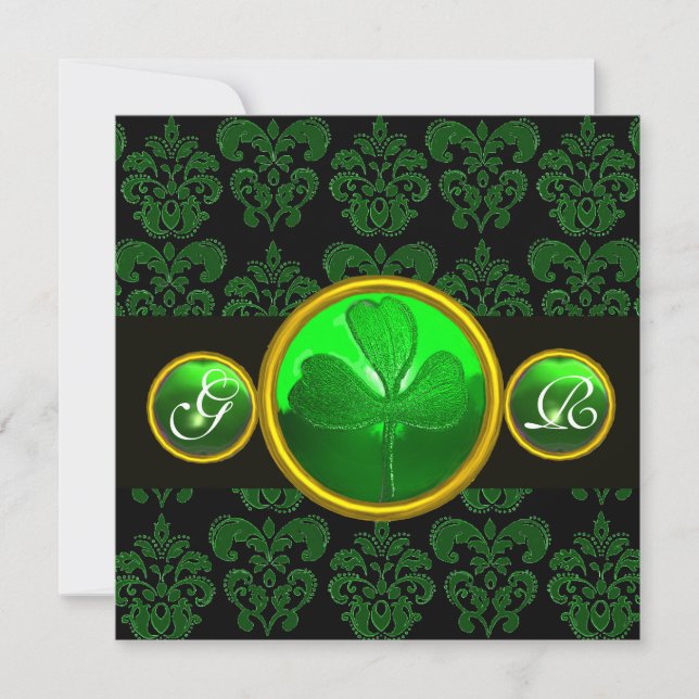 GREEN BLACK DAMASK WITH SHAMROCK  EMERALD MONOGRAM INVITATION (Front)