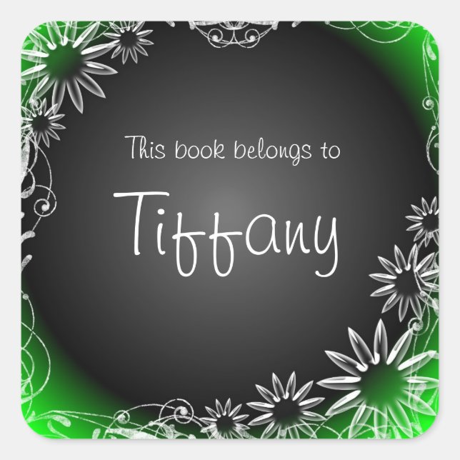 Green black floral custom book sticker labels (Front)