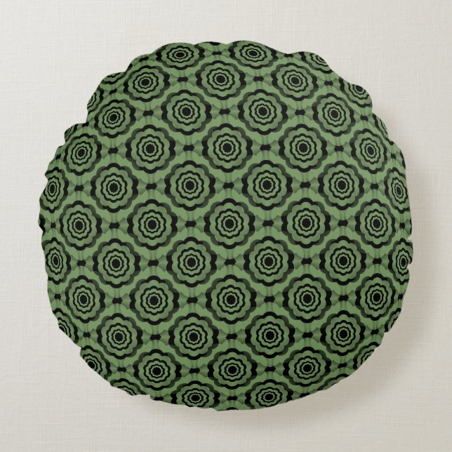Green Black Flower Seamless Pattern Round Pillow (Front)