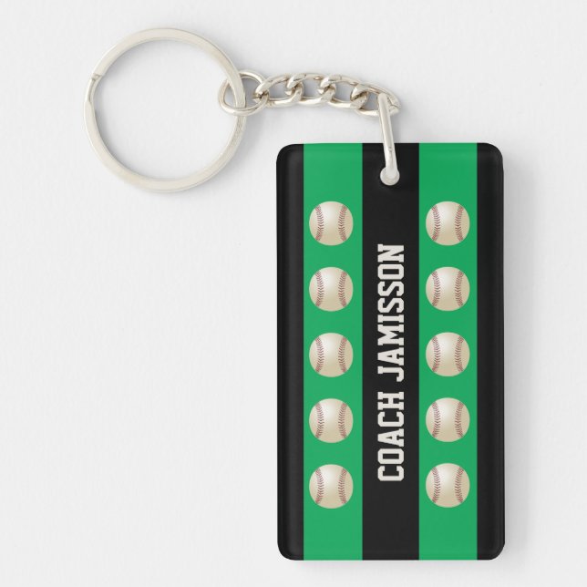 Green & Black, for Baseball Coach/Player, Name,  Keychain (Front)