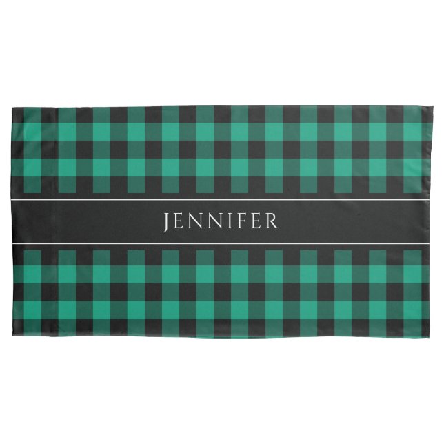 Green & Black Gingham Plaid Farmhouse Pattern Name Pillowcase (Front)