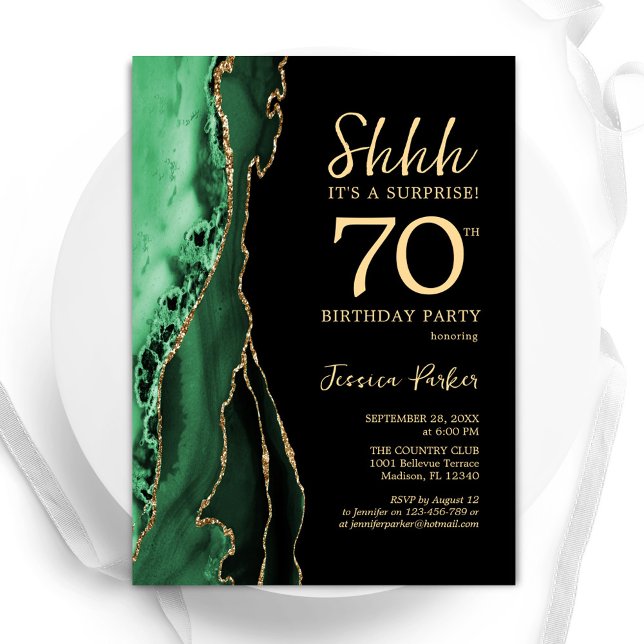 Green Black Gold Agate Surprise 70th Birthday Invitation (Creator Uploaded)
