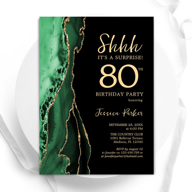 Green Black Gold Agate Surprise 80th Birthday Invitation (Creator Uploaded)