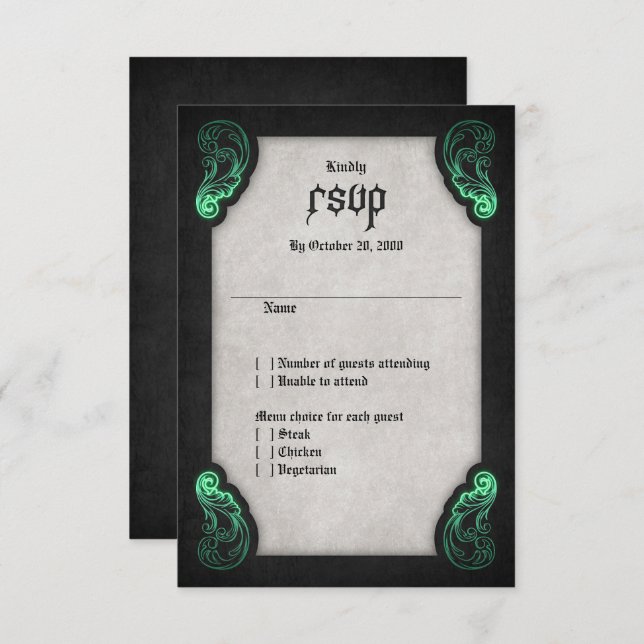 Green Black Gothic Wedding RSVP Card (Front/Back)
