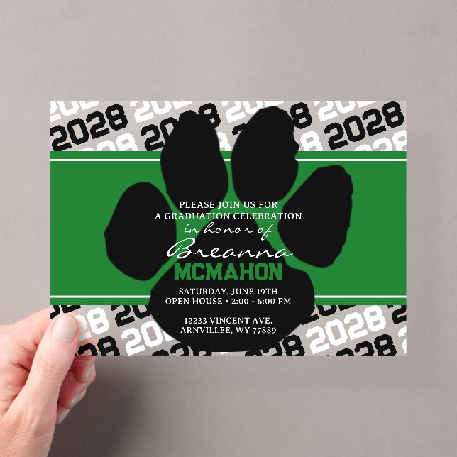 Green & Black Graduation Pawprint Frosted Acrylic Invitations (Insitu (Handheld))