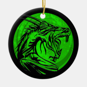 Green black grunge dragon round ornament