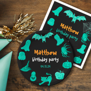 Green black Halloween birthday party Paper Plate