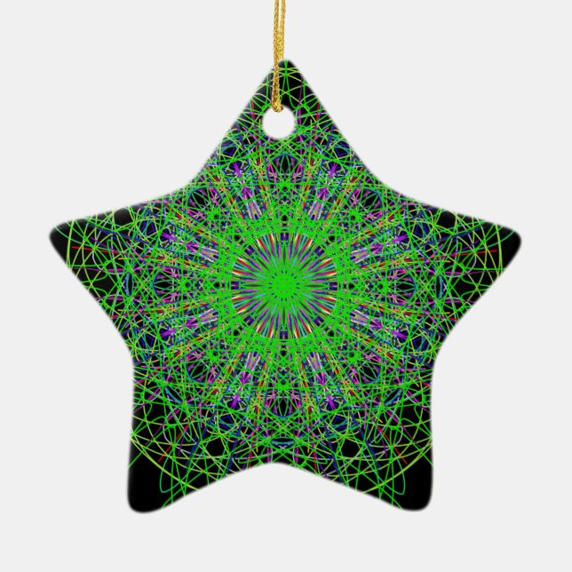 Green Black Kaleidoscope Mandala Art Ceramic Ornament (Front)
