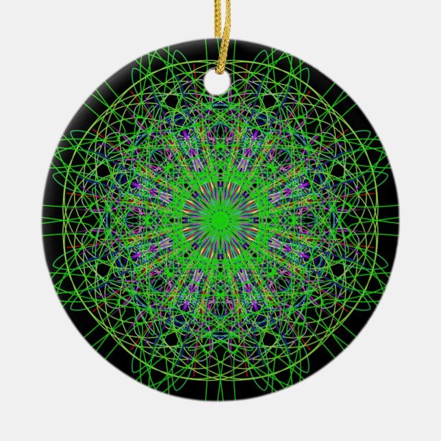 Green Black Kaleidoscope Mandala Art Ceramic Ornament (Front)