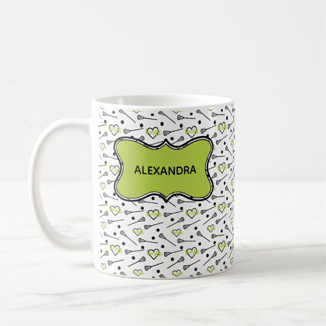 Green & Black Lacrosse Sticks and Hearts Pattern Coffee Mug (Left)