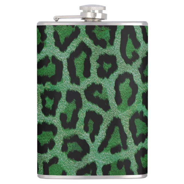 Green Black Leopard Animal Print Hip Flask (Front)